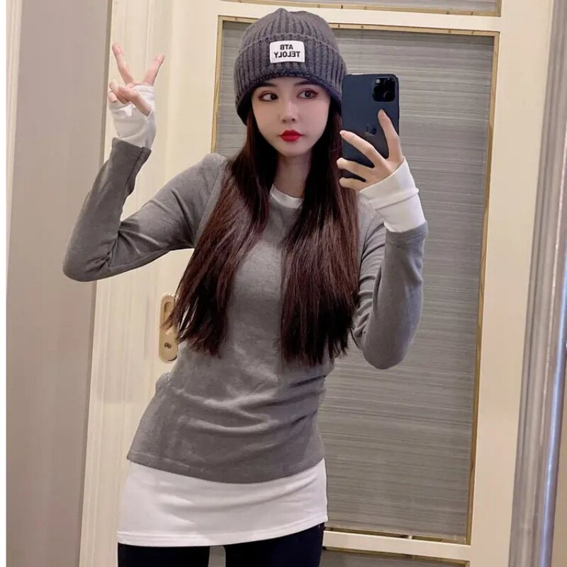 新款假两件德绒保暖内搭打底衫长袖t恤女秋冬季中长款设计感上衣