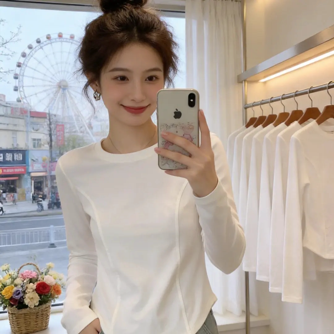 韩版鱼骨显瘦长袖t恤女装秋季修身百搭辣妹弧形下摆新款上衣ins潮