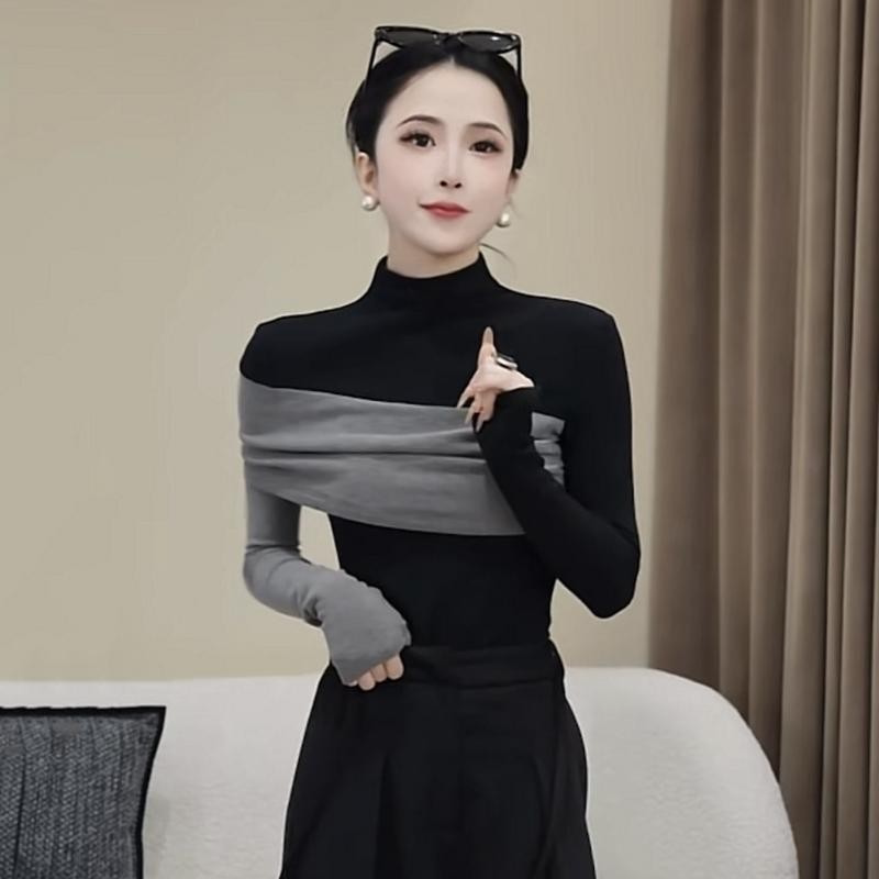 德绒保暖秋冬设计感黑色长袖T恤女半高领拼接修身打底衫上衣ins潮