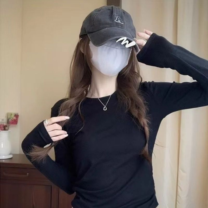 漂亮新款修身长袖T恤女装秋冬收腰弧形下摆褶皱设计感打底衫上衣