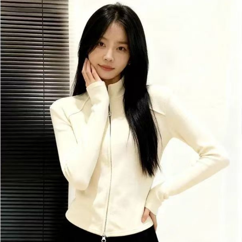 chic新款修身拉链复古辣妹设计开衫外套女款衣秋季德绒半高领长袖