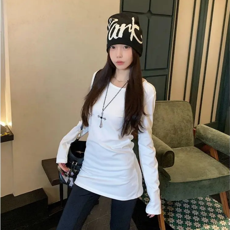 漂亮MM德绒保暖修身圆领长袖T恤女秋季辣妹收腰中长款打底上衣潮
