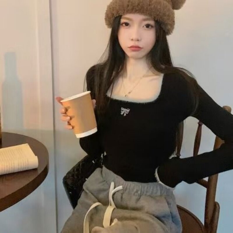 蝴蝶结刺绣毛边方领打底女秋冬德绒保暖内搭修身短款长袖t恤上衣