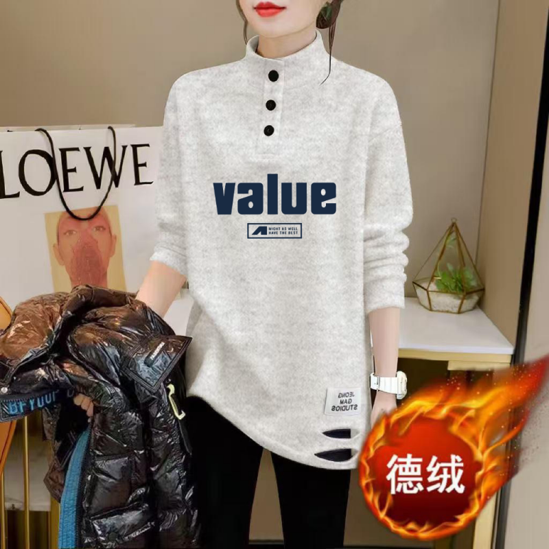 韩版破洞纽扣半高领中长款长袖T恤女2026秋冬宽松设计感上衣ins潮