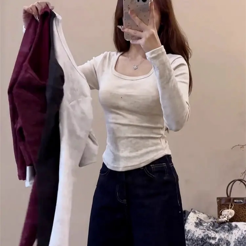 超火网红打底德绒保暖长袖T恤女时尚内搭秋冬收腰通勤方领上衣潮