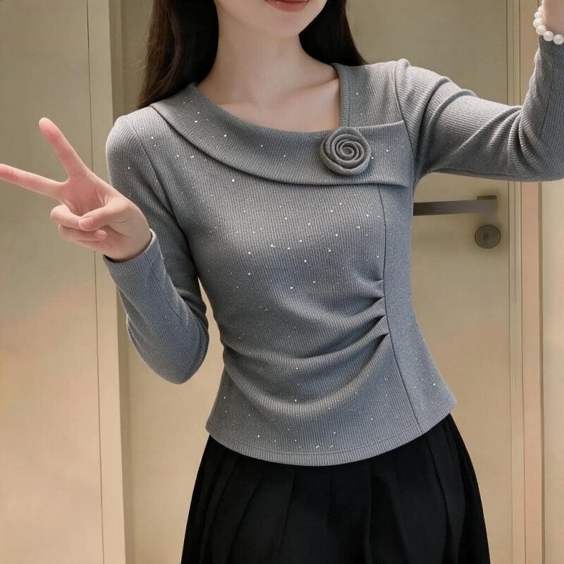 2026早秋季法式长袖t恤打底衫女立体玫瑰花褶皱修身气质小衫上衣
