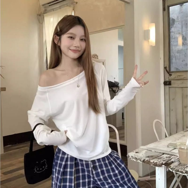 美式复古白色斜领长袖T恤女装春秋新款宽松百搭时尚潮流上衣ins潮
