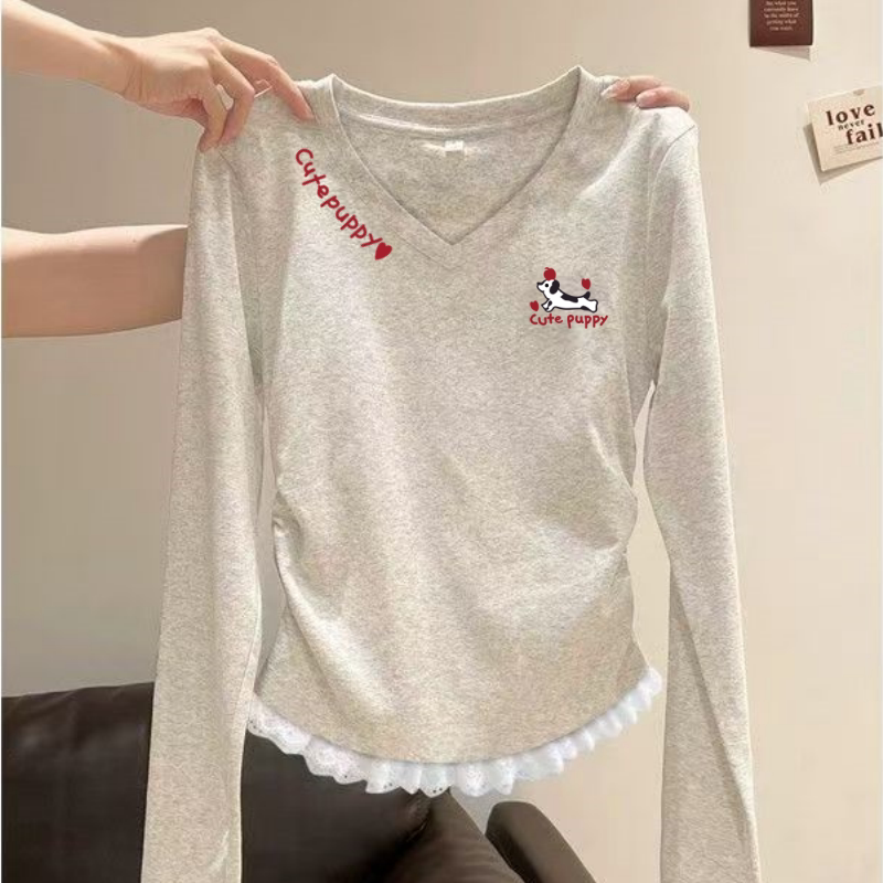 美式蕾丝拼接潮流秋季时尚新款V领长袖t恤女褶皱设计收腰上衣ins