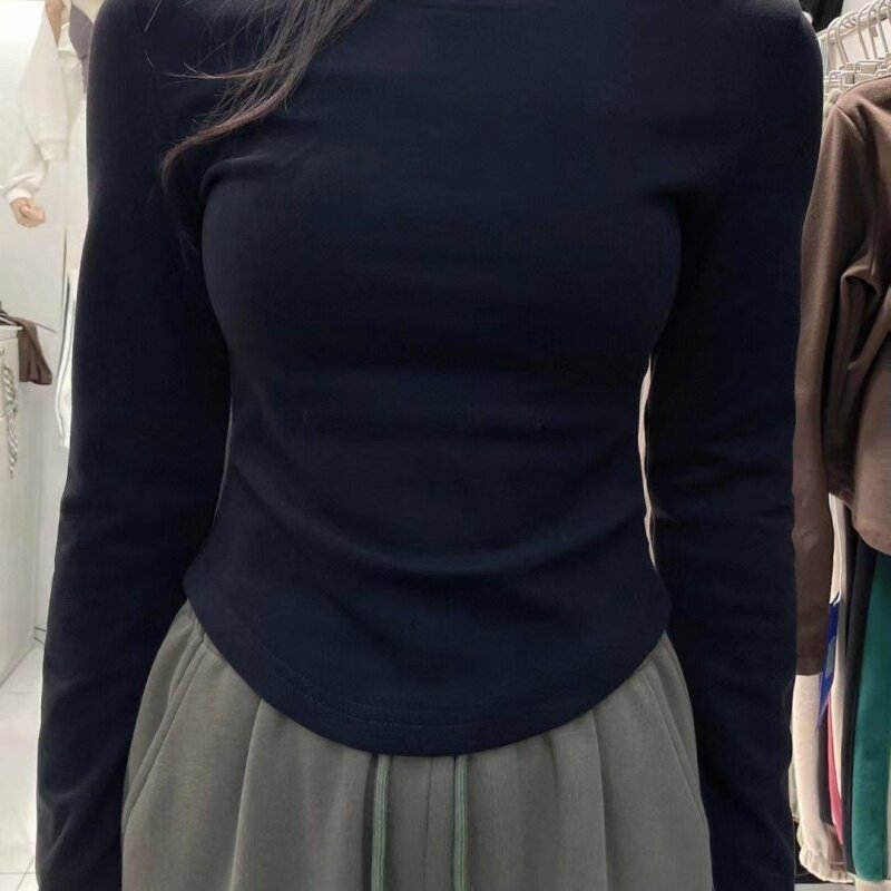 韩版气质小众圆领德绒长袖T恤女不规则弧形打底衫秋冬季内搭上衣