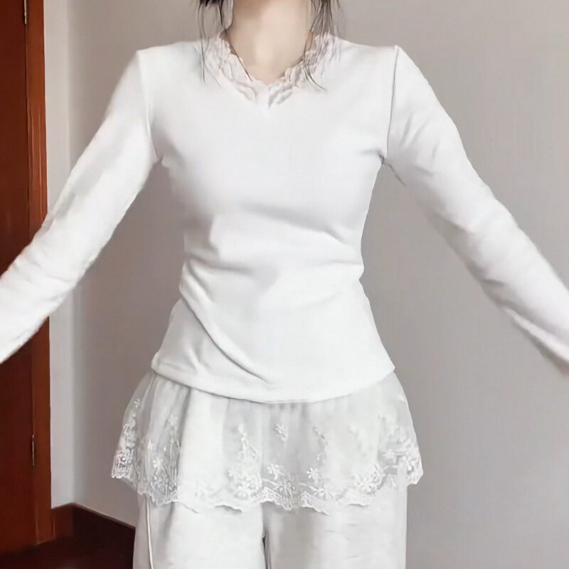 拼接法式韩版新款小个子德绒高级蕾丝秋冬长袖t恤打底衫气质上衣