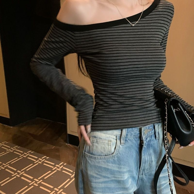 韩版斜领条纹长袖T恤女秋季新款小心机辣妹超好看修身休闲上衣潮