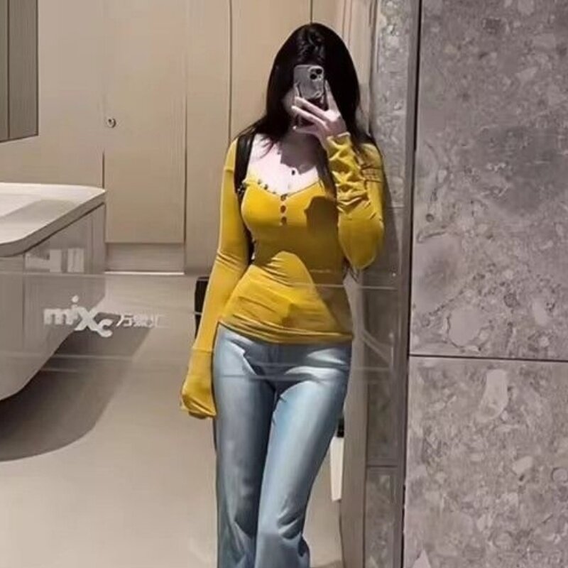 美式复古姜黄色V领长袖t恤女春秋设计感ins收腰显瘦气质正肩上衣