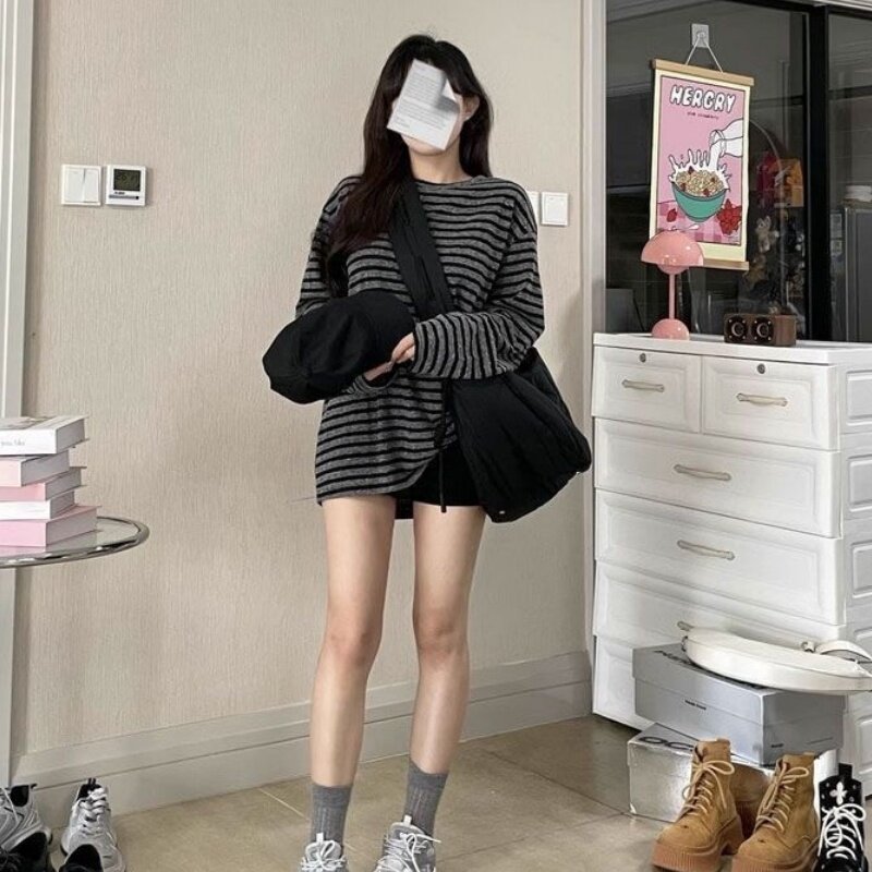 慵懒风条纹长袖t恤女春秋季复古新款韩版宽松减龄圆领百搭上衣ins
