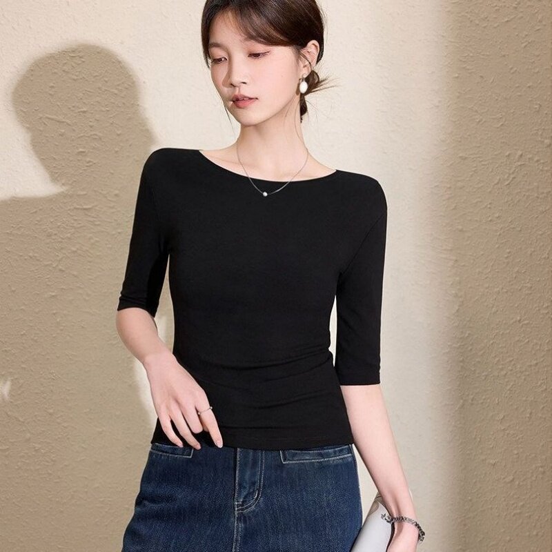 纯色一字肩中袖t恤女2026夏季新款修身五分袖打底衫百搭半袖上衣