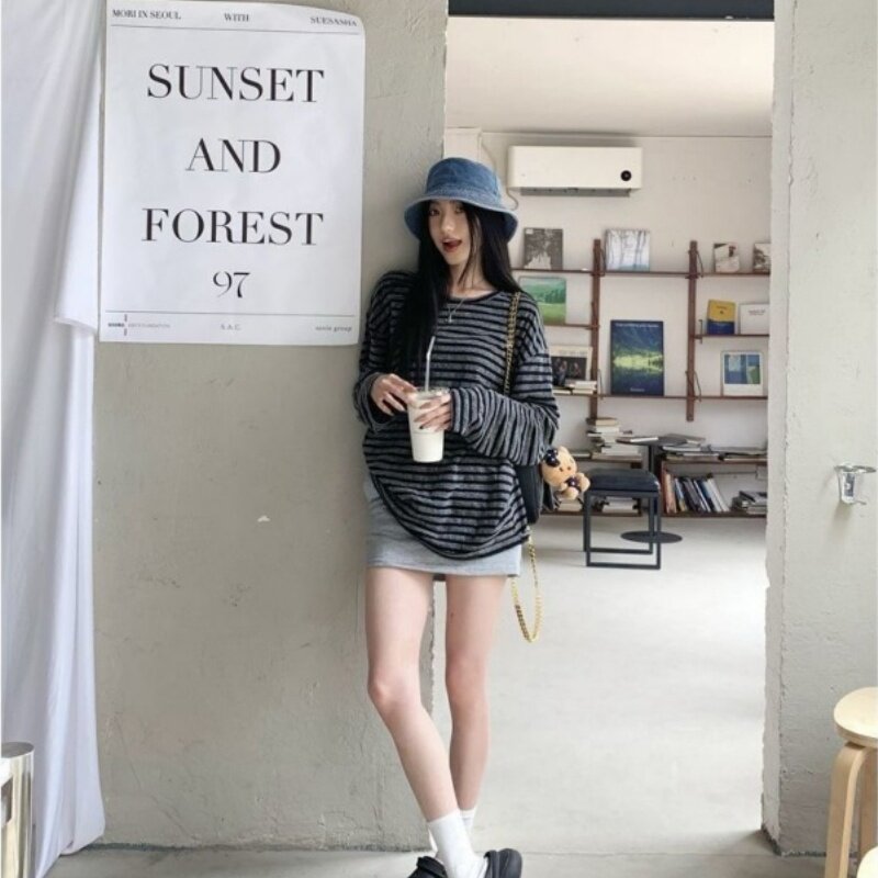 2026秋季新款韩系慵懒风复古条纹长袖t恤女美式宽松韩版别致上衣