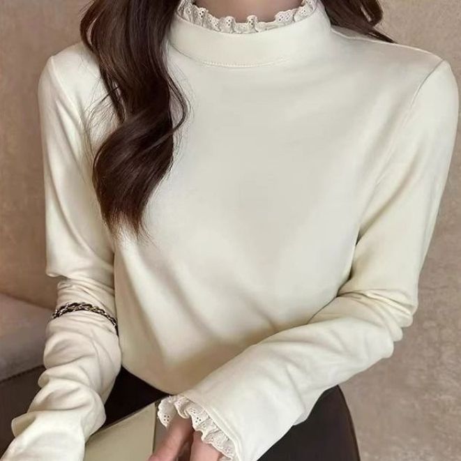 日系软妹蕾丝可爱花边打底衫女秋冬季德绒保暖内搭长袖t恤上衣ins