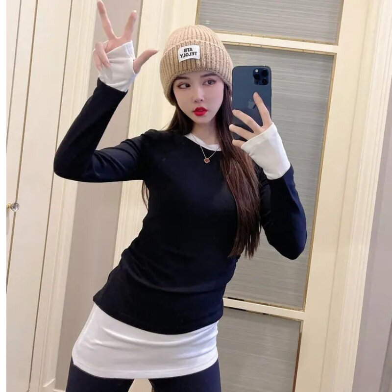 德绒磨毛拼接假两件打底衫女秋冬季修身中长款遮盖屁股内搭上衣潮