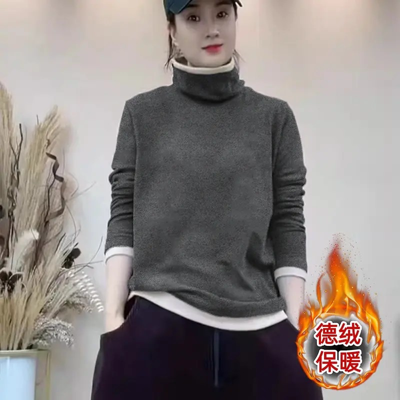长袖T恤拼色德绒保暖撞色半高领女装假两件打底衫2026秋冬上衣潮