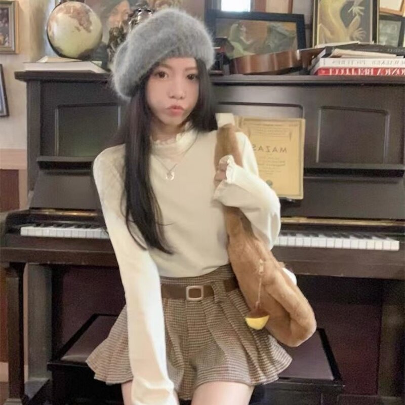 双面德绒法式甜美蕾丝花边设计拼接圆领秋冬德绒保暖内搭长袖t恤