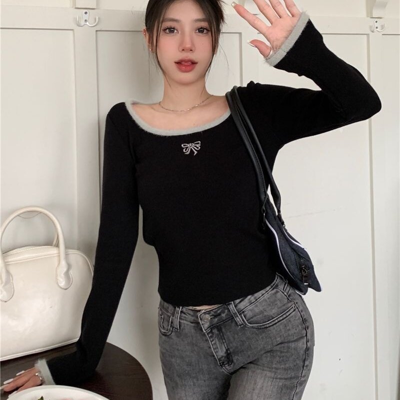 黑色方领短款蝴蝶结刺绣秋冬季正肩德绒保暖内搭打底长袖t恤上衣