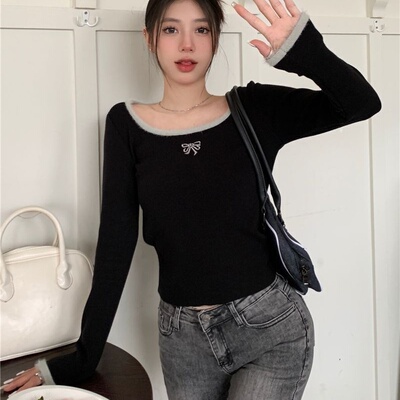 黑色方领短款蝴蝶结刺绣秋冬季正肩德绒保暖内搭打底长袖t恤上衣