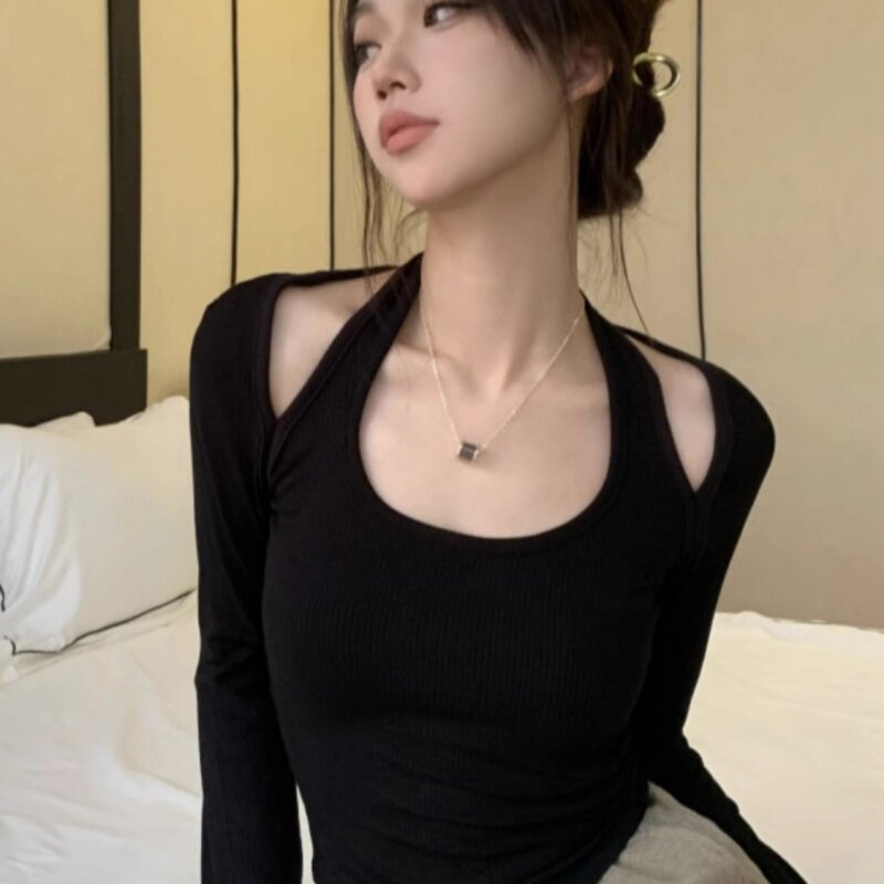 黑色正肩长袖挂脖T恤女春秋新款设计感修身显瘦百搭打底衫上衣潮