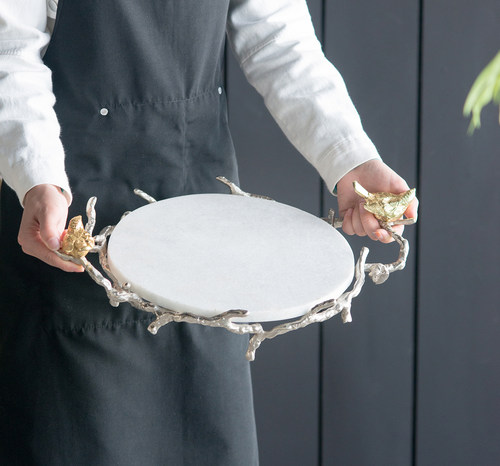 印度进口手工铝金枝鸟大理石托盘