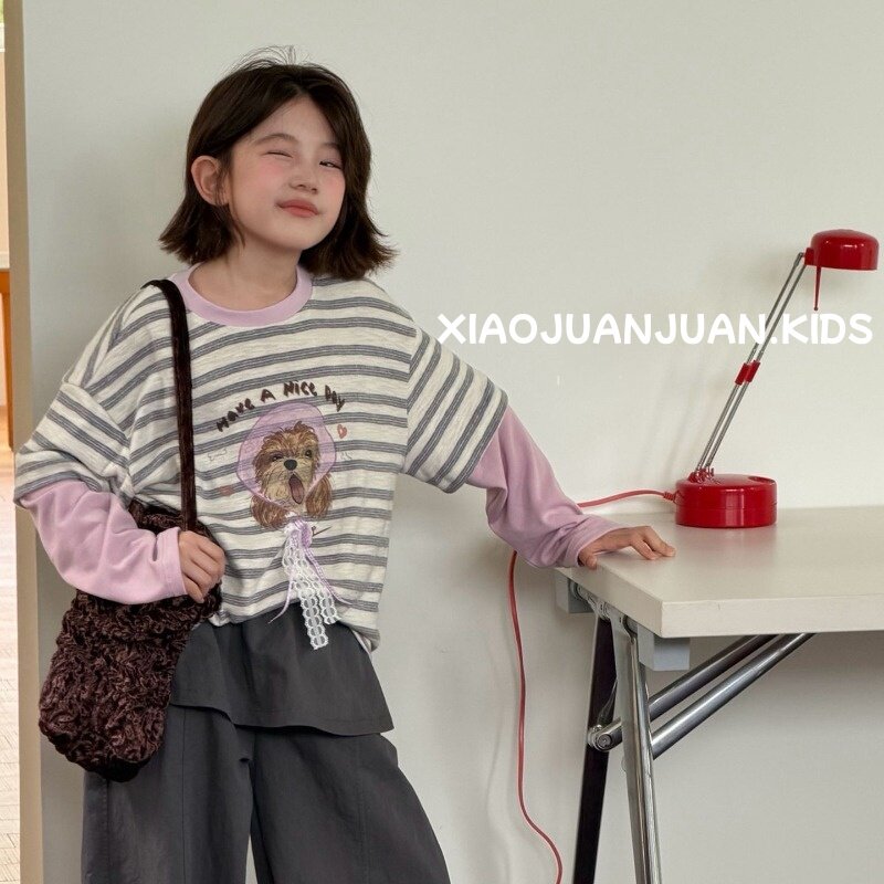 2026秋季新款女童假两件长袖T恤儿童圆领条纹卡通狗印花宽松上衣