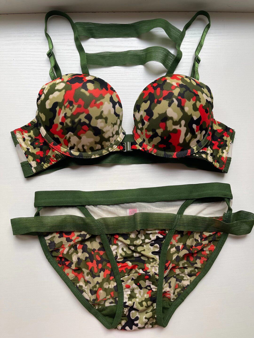 韩国ullala女士内衣文胸套装性感舒适胸罩前扣聚拢美背军绿色迷彩