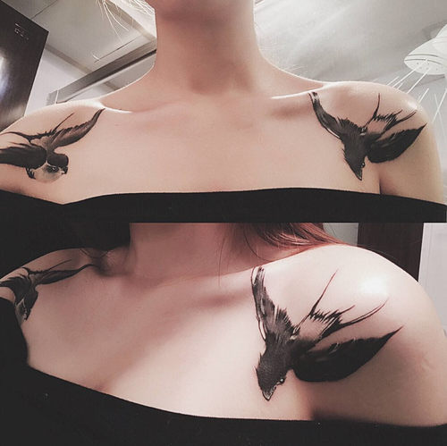 纹身贴防水女持 原创水墨风雁燕子小鸟锁骨胸口肩膀左右一对