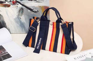 日韩新款托特包加厚帆布多分层手提斜挎包条纹通勤包