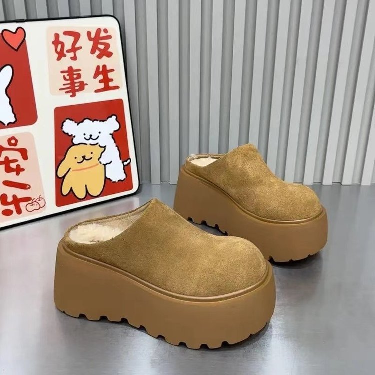 松糕厚底包头加绒棉拖鞋女秋冬外穿复古软皮百搭小个子增高毛毛鞋