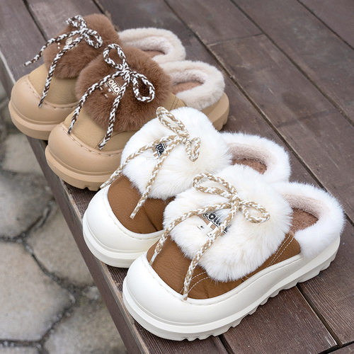 新款冬款厚底毛绒棉拖鞋女可爱系带保暖加绒防滑外穿居家情侣棉鞋