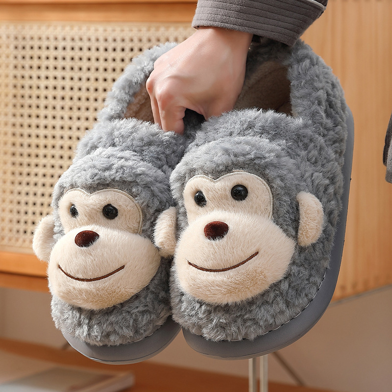 可爱棉拖鞋女冬季毛绒保暖卡通猴子室内家居男士冬天包跟棉鞋男冬