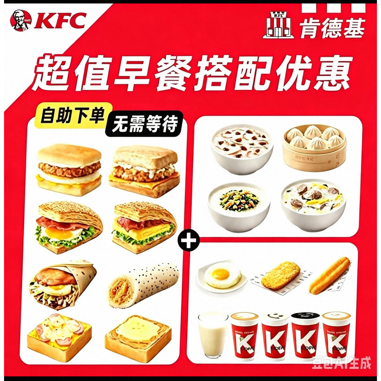 KFC肯德基早餐代下单优惠券鸡肉帕尼尼皮蛋粥薯饼豆浆大神卡通用图片