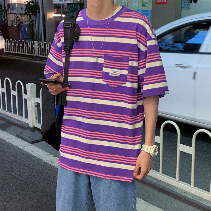 港风宽松大码条纹短袖t恤男宽松百搭潮流时尚 XZ229-1 T21 P35图片