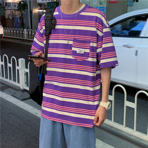 港风宽松大码条纹短袖t恤男宽松百搭潮流时尚 XZ229-1 T21 P35图片