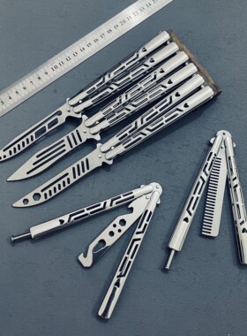 鱿鱼免维护小鲨镜面非无疆蝴蝶刀未开刃钢柄练习花式训练刀甩刀