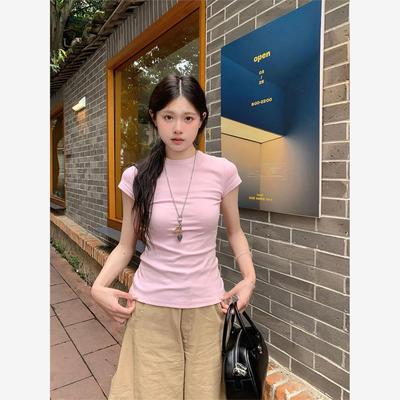 粉色正肩短袖T恤女夏日小