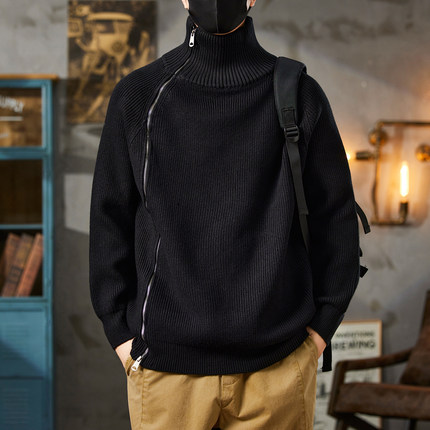冬季新款加厚粗针线保暖半高领上衣时尚个性侧拉链套头针织毛衣男