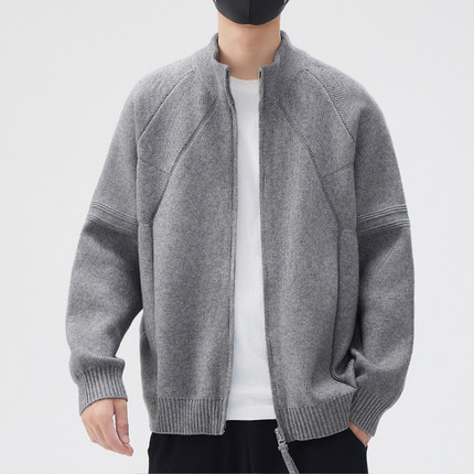 【重磅混纺】立领拼接针织卫衣外套男复古宽松休闲毛衣开衫春秋季