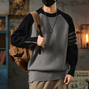 欧洲站潮牌轻奢拼色针织衫修身上衣潮流新款美式复古圆领毛衣男款