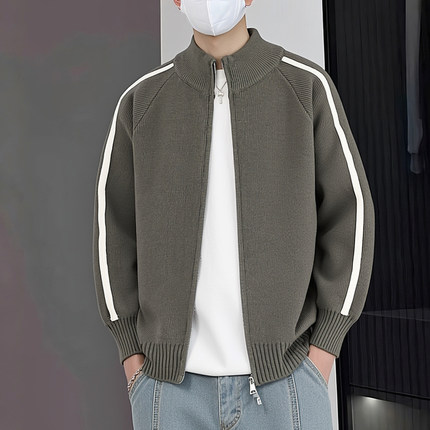 织带设计立领开衫男针织衫春秋季潮牌毛衣男士外套拉链毛线衣夹克