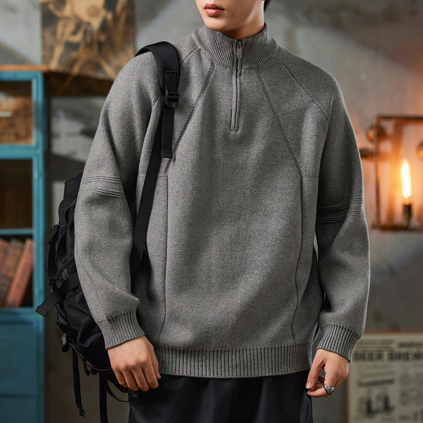 高品质半高领拉链毛衣男秋冬季2025新款宽松套头打底针织衫男生潮