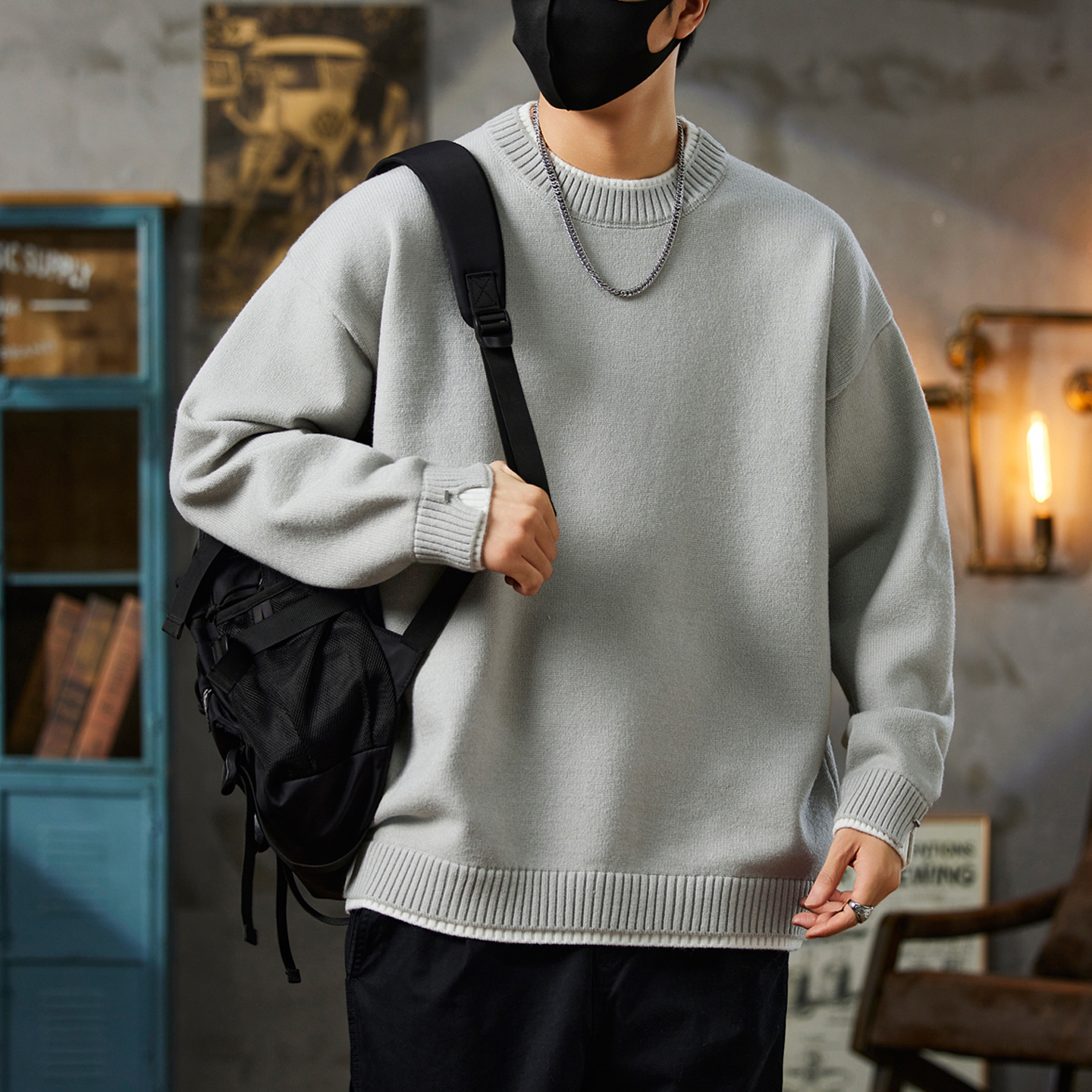 设计感毛衣男装宽松美式复古帅气