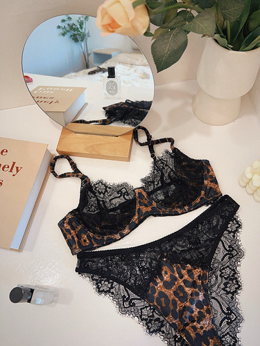 性感引力•法式豹纹内衣蕾丝网纱纯欲大胸显小薄款美背文胸套装