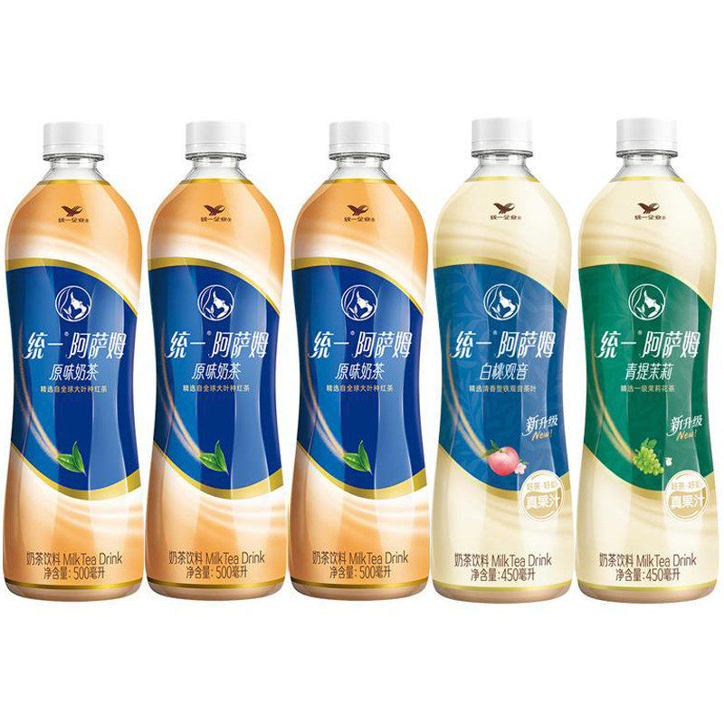 统一阿萨姆奶茶饮料原味/无糖原味/青提茉莉/白桃观音5瓶