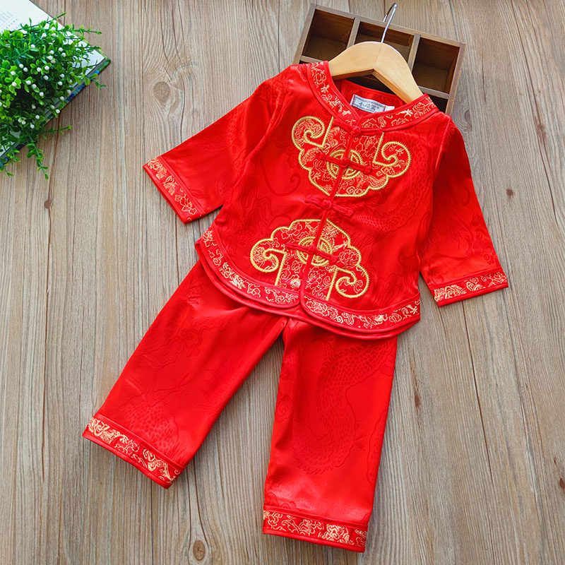 中国风唐装童装刺绣汉服复古儿童长袖抓周春秋款绸缎男童时尚套装