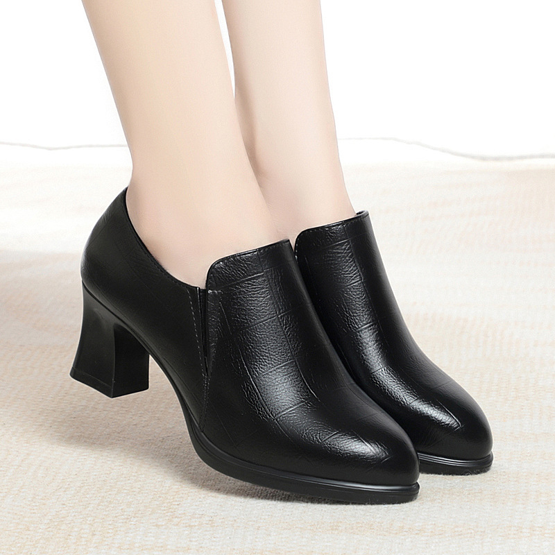 官方特卖正品高跟鞋新款秋季粗跟深口皮鞋不累脚女鞋舒适透气优雅