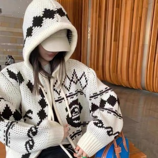 韩国openyy麋鹿玫瑰毛衣连帽拉链宽松提花慵懒针织衫 外套男女秋冬